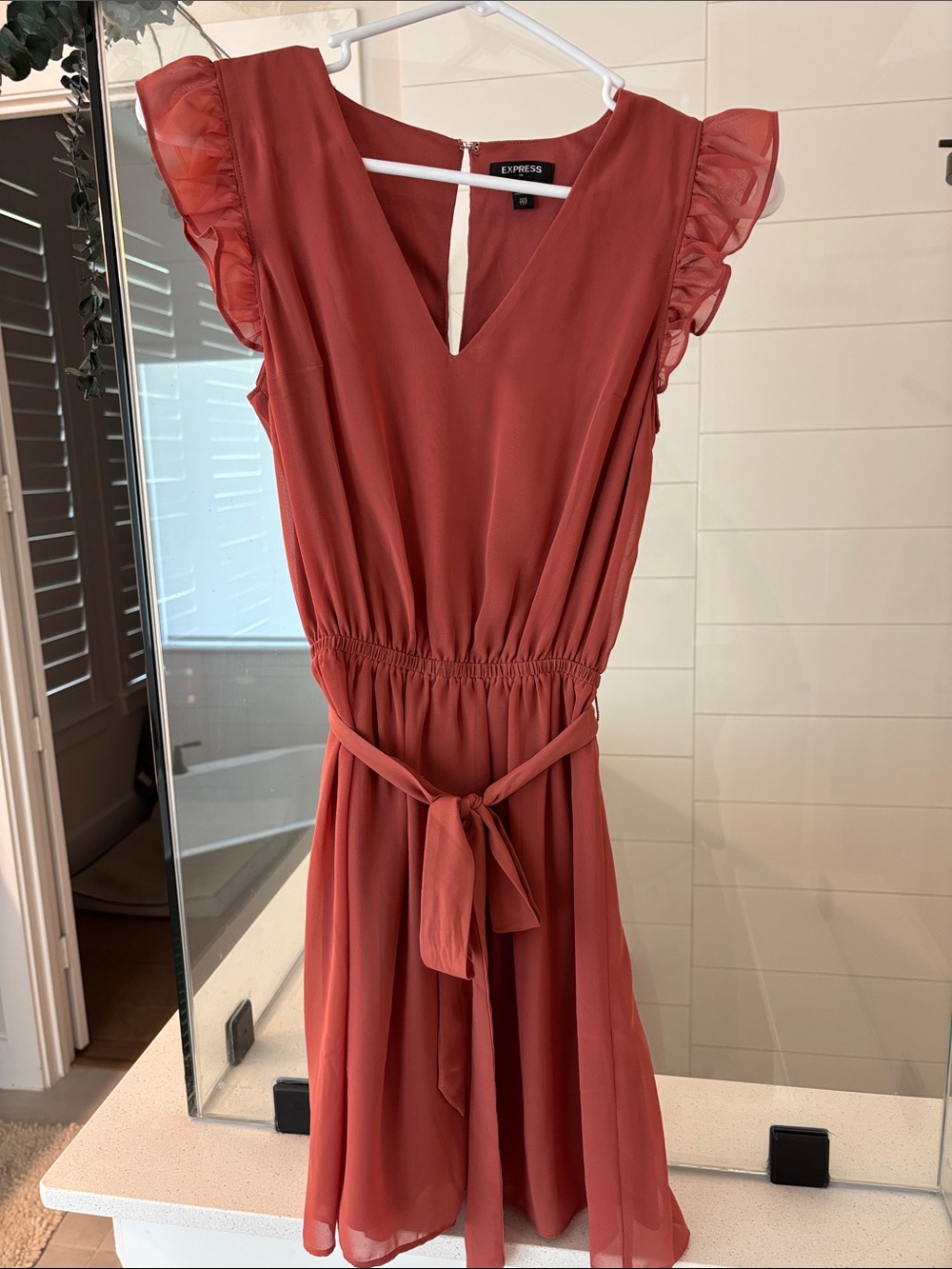 Express Rust Red Ruffle-Sleeve V-Neck Mini Dress